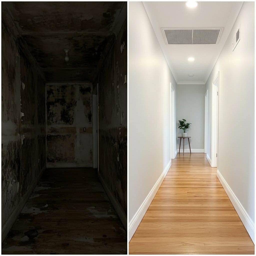 Black Mold Removal before and after in hallway, Paramus NJ
