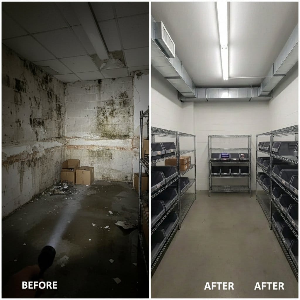 Before and after attic & crawl space mold removal in Paramus Cape Cod house storefront interior