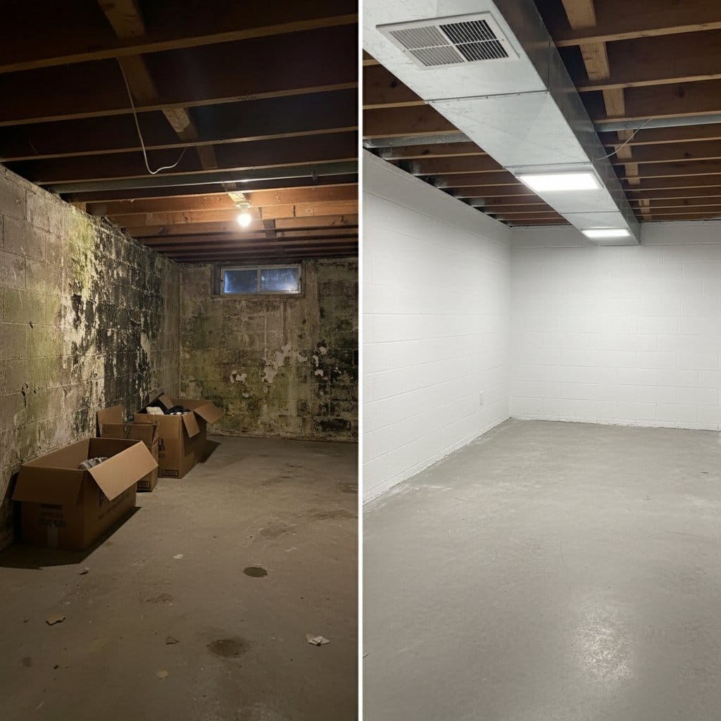 Basement & Foundation Mold Removal before and after in residential basement, Paramus NJ
