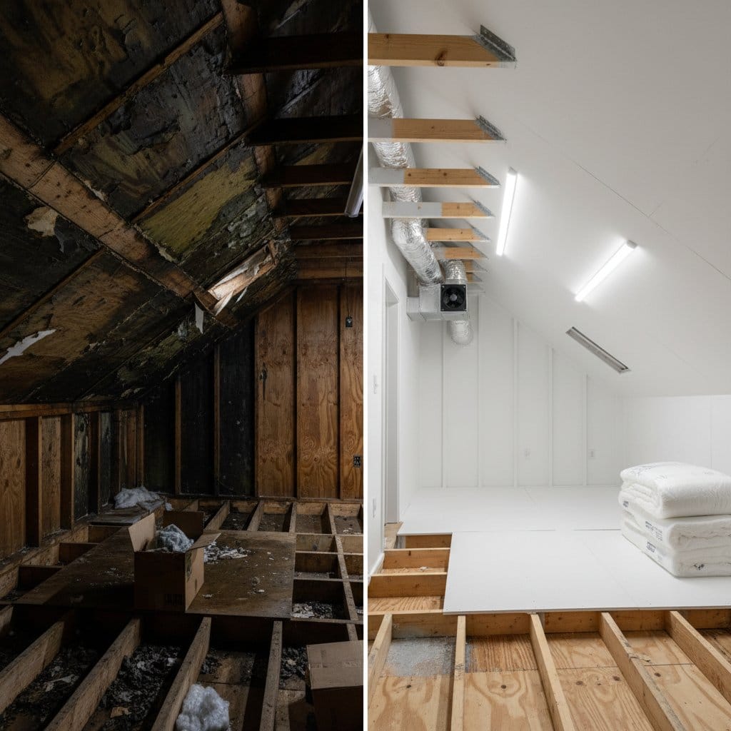 Before and after post-remediation cleaning & clearance in Paramus single-family home attic space