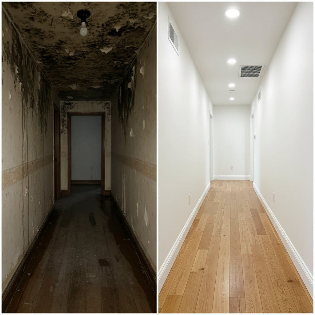 Odor Removal & Disinfection before and after in hallway, Paramus NJ