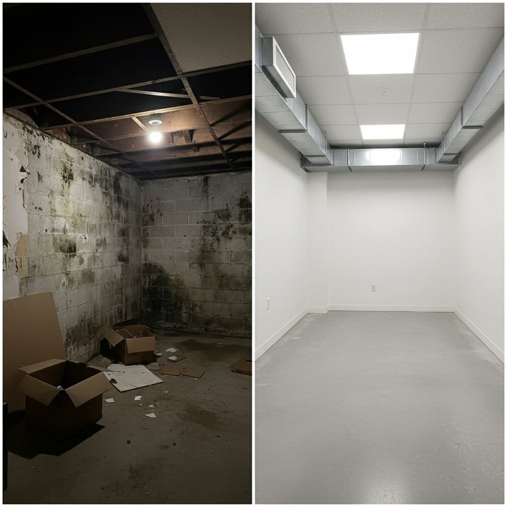 Humidity & Moisture Control Solution before and after in finished basement, Paramus NJ