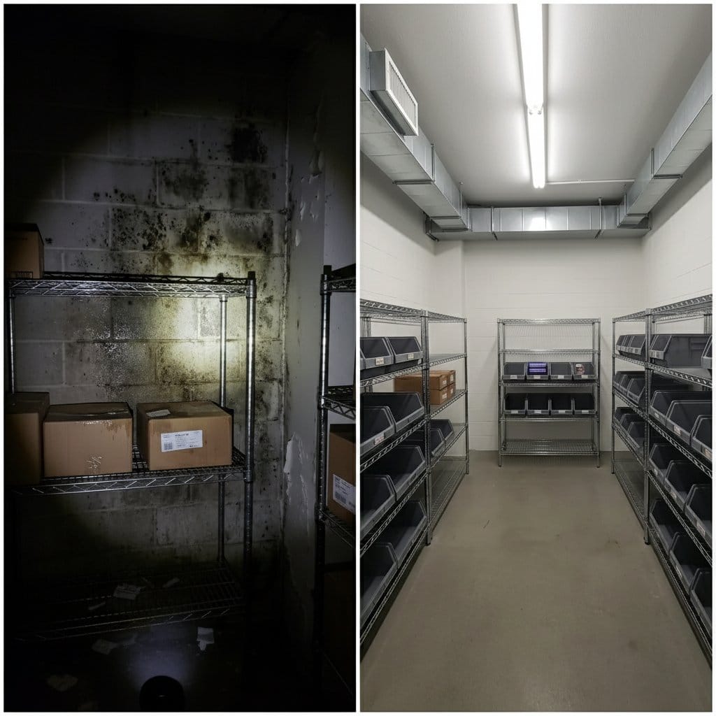 Before and after humidity & moisture control solution in Paramus townhouse storefront interior