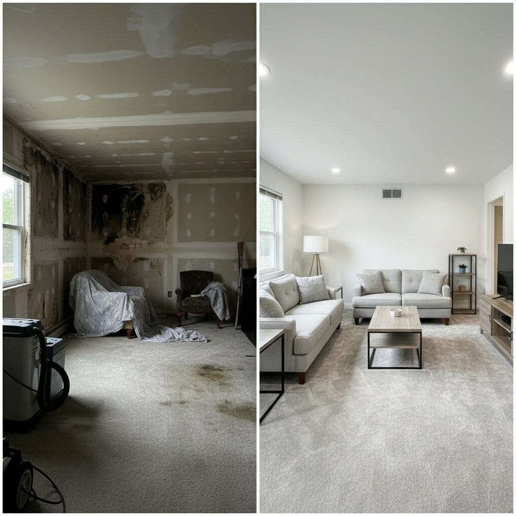 Paramus Mold Removal living room restoration before and after in Paramus